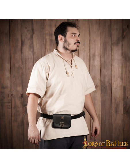 Black medieval leather bag with brass...