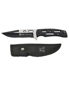 Black K25 tactical knife, mixed blade with saw