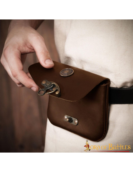 Brown medieval leather bag with brass...