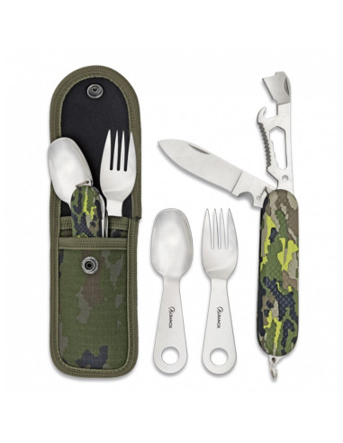 Green multicam camping cutlery set