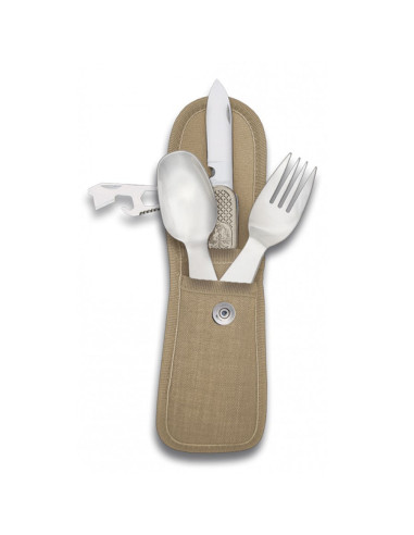 Camping cutlery set with arid pixel camo cover