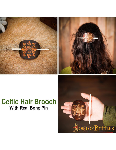 Brown Leather Hair Brooch with Real...