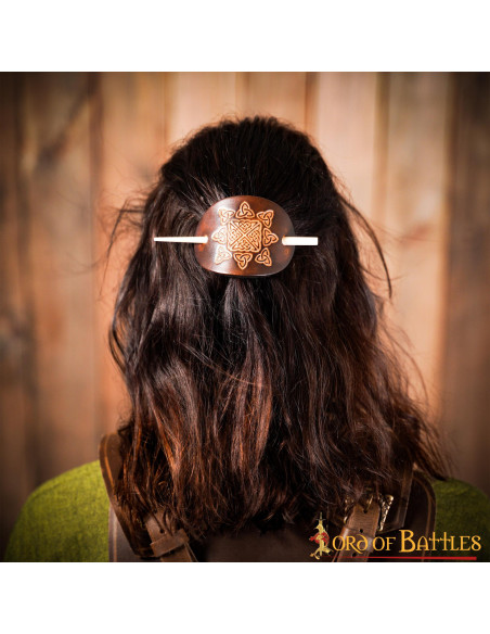 Brown Leather Hair Brooch with Real...