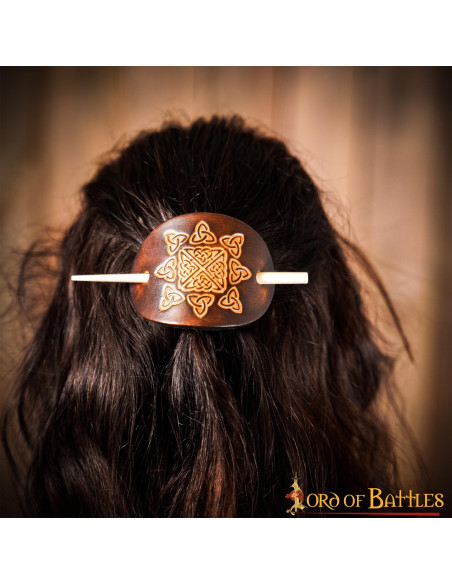 Brown Leather Hair Brooch with Real...
