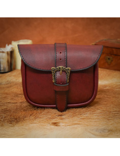 Leather bag with brass Celtic buckle, reddish finish