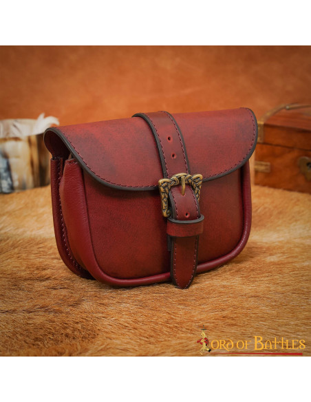 Leather bag with brass Celtic buckle,...