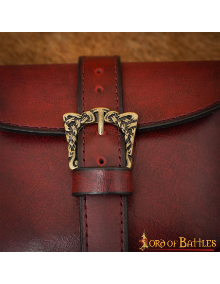Leather bag with brass Celtic buckle,...