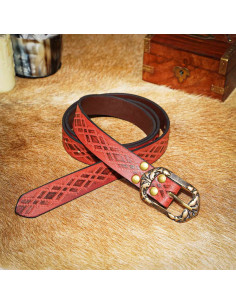 Medieval reddish brown leather belt rhombus design