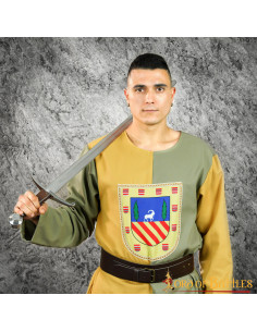 Medieval two-tone olive-mustard tabard with heraldic shield 2