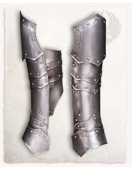 Medieval greaves in polished steel....