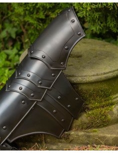 Medieval greaves in blackened steel. Vladimir model 2