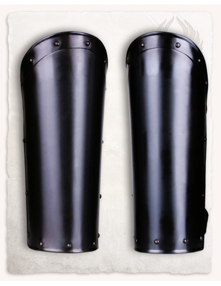 Medieval Balthasar greaves, blackened...