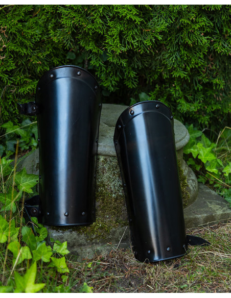 Medieval Balthasar greaves, blackened...