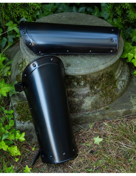 Medieval Balthasar greaves, blackened...