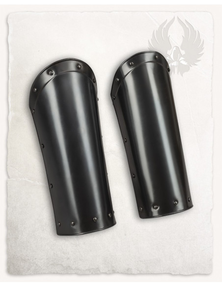 Medieval Balthasar greaves, blackened...