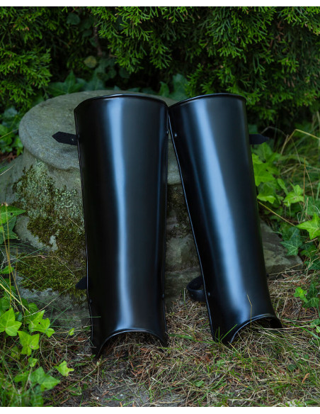 Medieval Gustav greaves in blackened...