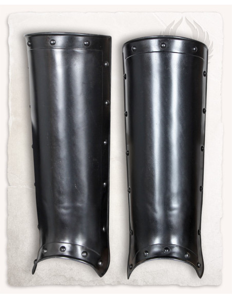 Medieval Jost greaves in blackened steel