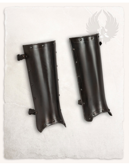 Medieval Jost greaves in blackened steel