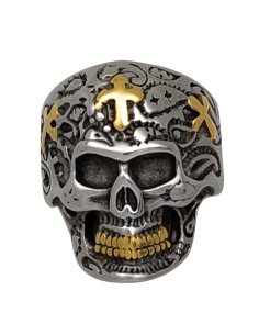 Skull steel ring with golden Crosses