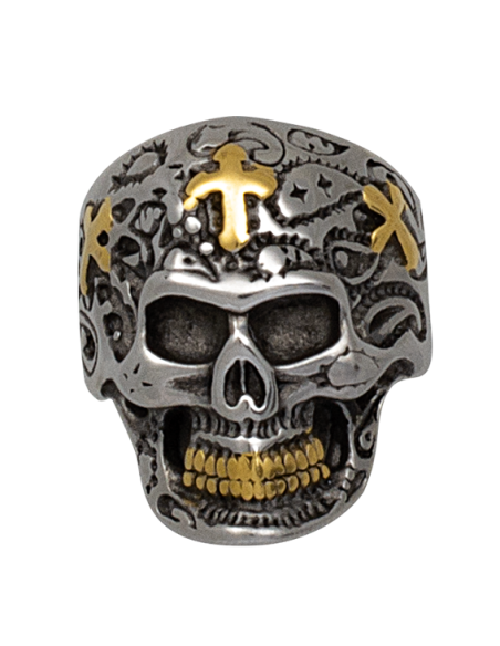Skull steel ring with golden Crosses