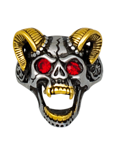 Skull steel ring with golden horns