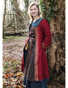 Ella Embroidered Viking Coat in Burgundy Red and Teal Blue