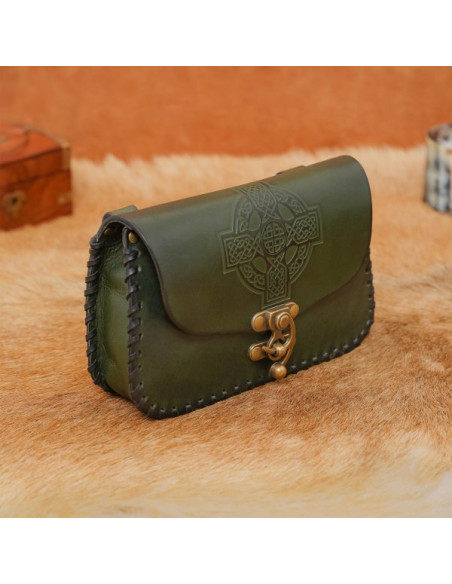 Embossed Celtic cross leather bag, green