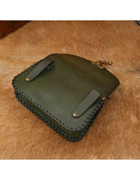 Embossed Celtic cross leather bag, green