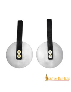 Medieval steel roundels, with leather straps