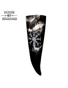 Hand carved Aegishjalmur design Viking drinking horn.