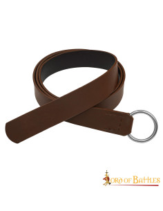 Medieval leather belt circular steel buckle, brown