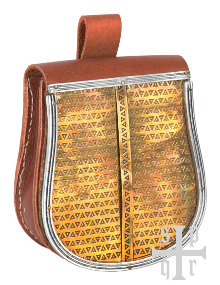 Medieval brown leather bag with brass...