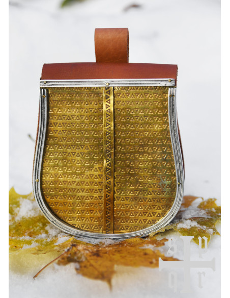 Medieval brown leather bag with brass...