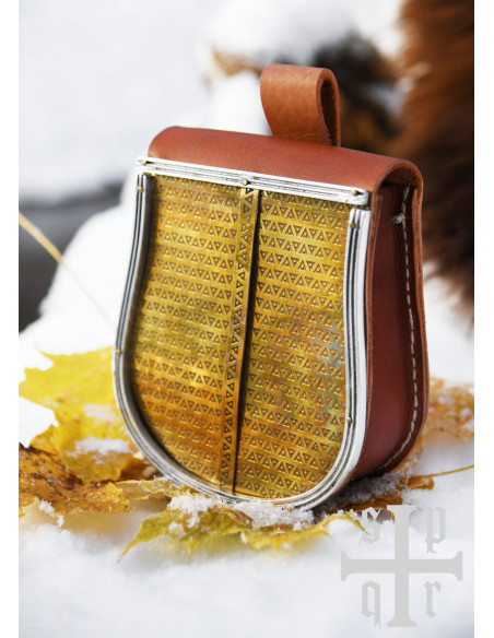 Medieval brown leather bag with brass...