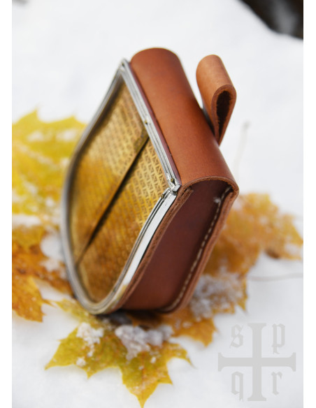 Medieval brown leather bag with brass...