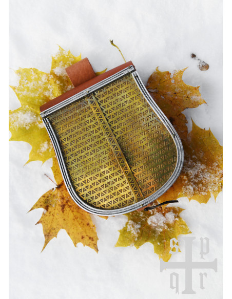 Medieval brown leather bag with brass...