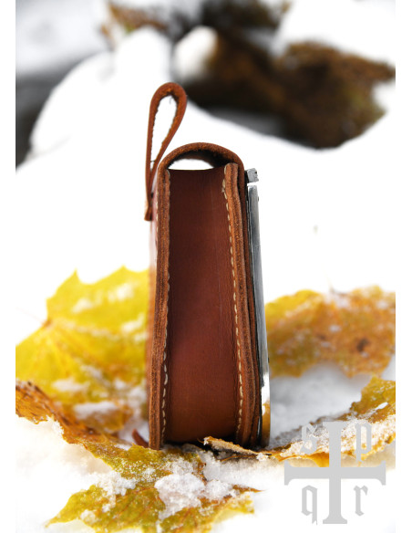 Medieval brown leather bag with brass...