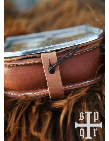 Medieval brown leather bag with brass...