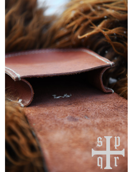 Medieval brown leather bag with brass...