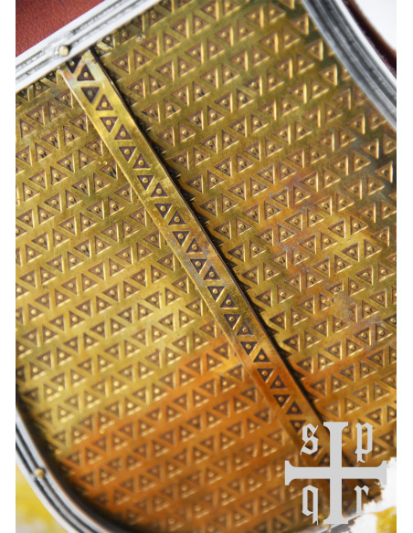 Medieval brown leather bag with brass...