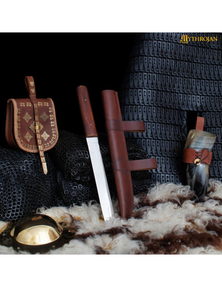 Nordic Viking seax knife with brown...