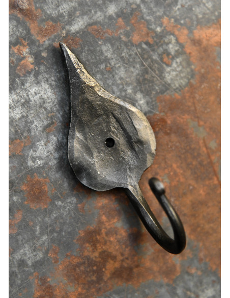 Medieval hand forged wall hook, leaf...