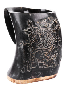 Viking mead jug Odin design, wooden base