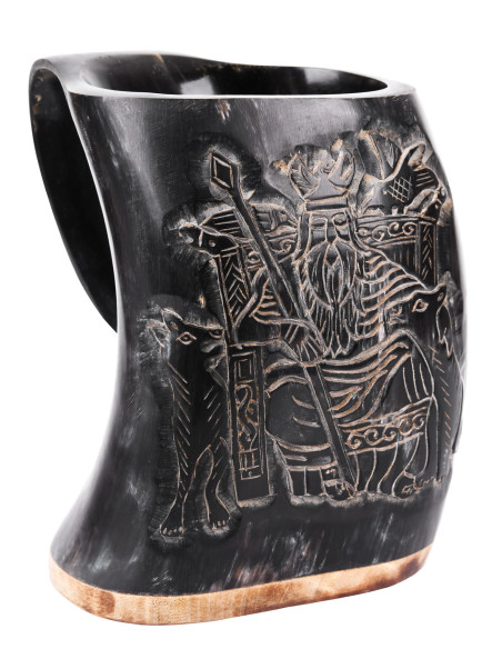 Viking mead jug Odin design, wooden base