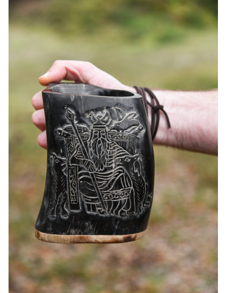 Viking mead jug Odin design, wooden base
