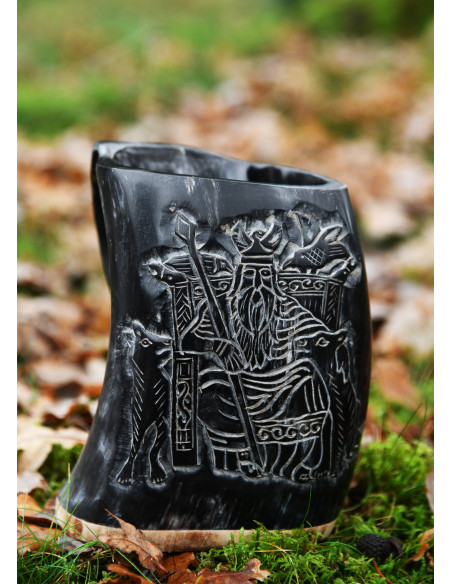 Viking mead jug Odin design, wooden base