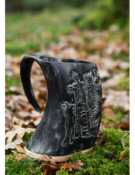 Viking mead jug Odin design, wooden base
