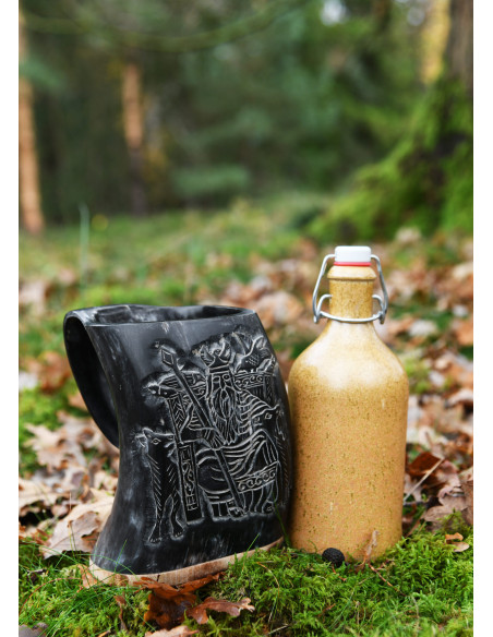 Viking mead jug Odin design, wooden base