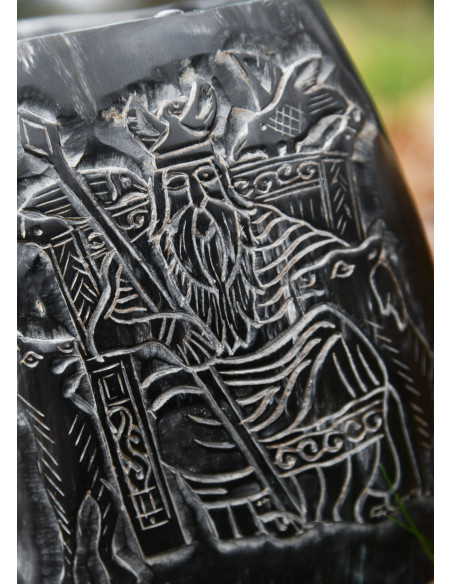 Viking mead jug Odin design, wooden base