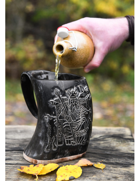 Viking mead jug Odin design, wooden base